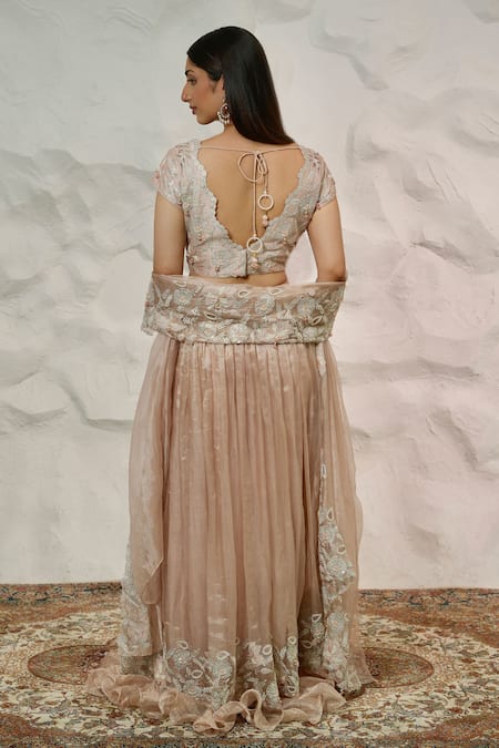 Shop Nidhi Kejriwal Pink Tissue, Chanderi Pearls, Sequins, Zari Asymmetric Embroidered Lehenga Set at Aza Fashions Shop_Nidhi Kejriwal_Pink Tissue, Chanderi Pearls, Sequins, Zari Asymmetric Embroidered Lehenga Set _at_Aza_Fashions