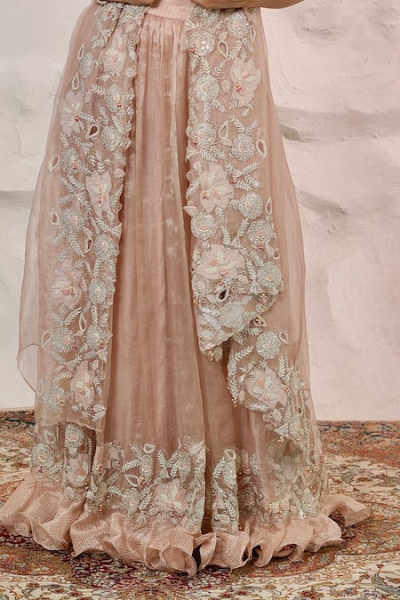 Nidhi Kejriwal Pink Tissue, Chanderi Pearls, Sequins, Zari Asymmetric Embroidered Lehenga Set Online at Aza Fashions Nidhi Kejriwal_Pink Tissue, Chanderi Pearls, Sequins, Zari Asymmetric Embroidered Lehenga Set _Online_at_Aza_Fashions