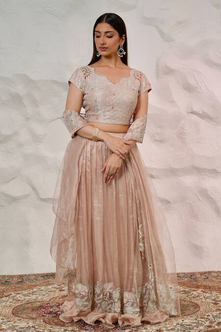 Buy Nidhi Kejriwal Pink Tissue, Chanderi Pearls, Sequins, Zari Asymmetric Embroidered Lehenga Set Online at Aza Fashions Buy_Nidhi Kejriwal_Pink Tissue, Chanderi Pearls, Sequins, Zari Asymmetric Embroidered Lehenga Set _Online_at_Aza_Fashions