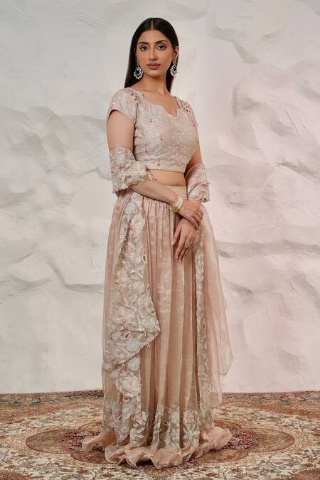 Shop Nidhi Kejriwal Pink Tissue, Chanderi Pearls, Sequins, Zari Asymmetric Embroidered Lehenga Set Online at Aza Fashions Shop_Nidhi Kejriwal_Pink Tissue, Chanderi Pearls, Sequins, Zari Asymmetric Embroidered Lehenga Set _Online_at_Aza_Fashions