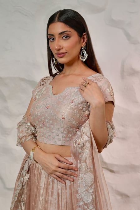 Nidhi Kejriwal Pink Tissue, Chanderi Pearls, Sequins, Zari Asymmetric Embroidered Lehenga Set at Aza Fashions Nidhi Kejriwal_Pink Tissue, Chanderi Pearls, Sequins, Zari Asymmetric Embroidered Lehenga Set _at_Aza_Fashions