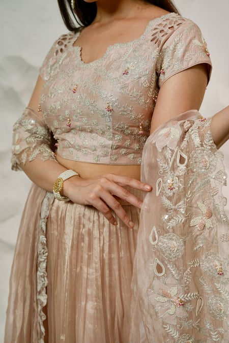 Buy Nidhi Kejriwal Pink Tissue, Chanderi Pearls, Sequins, Zari Asymmetric Embroidered Lehenga Set Buy_Nidhi Kejriwal_Pink Tissue, Chanderi Pearls, Sequins, Zari Asymmetric Embroidered Lehenga Set