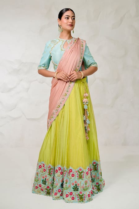 Nidhi Kejriwal Green Zari Kota Hand Embroidered Floral Keyhole Lehenga Set 