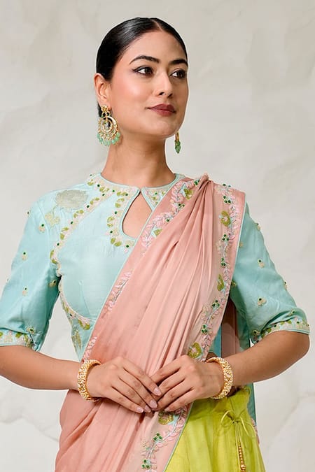 Nidhi Kejriwal_Green Satin, Georgette, Silk Embroidery, Tassels Floral Hand Lehenga Set_Online_at_Aza_Fashions