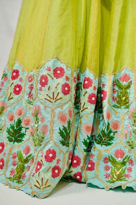 Buy_Nidhi Kejriwal_Green Satin, Georgette, Silk Embroidery, Tassels Floral Hand Lehenga Set_Online_at_Aza_Fashions