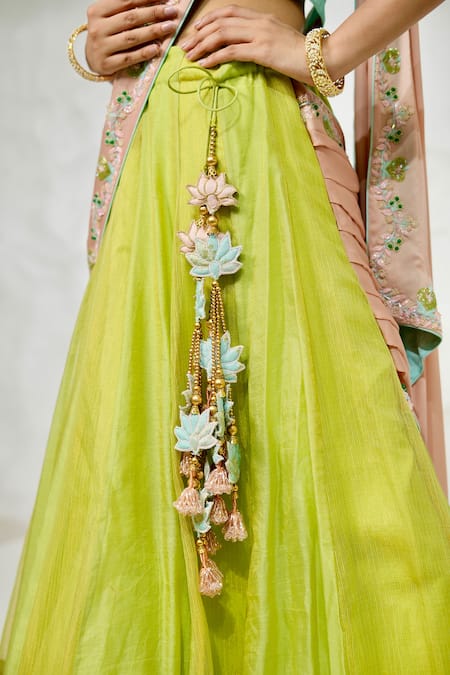 Shop_Nidhi Kejriwal_Green Satin, Georgette, Silk Embroidery, Tassels Floral Hand Lehenga Set_Online_at_Aza_Fashions