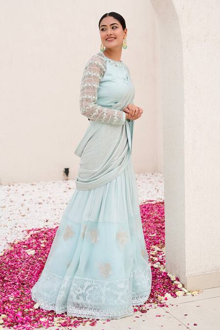 Nidhi Kejriwal_Sky Blue Organza, Georgette Sequins, Attached Draped Lehenga With Blouse _Online_at_Aza_Fashions