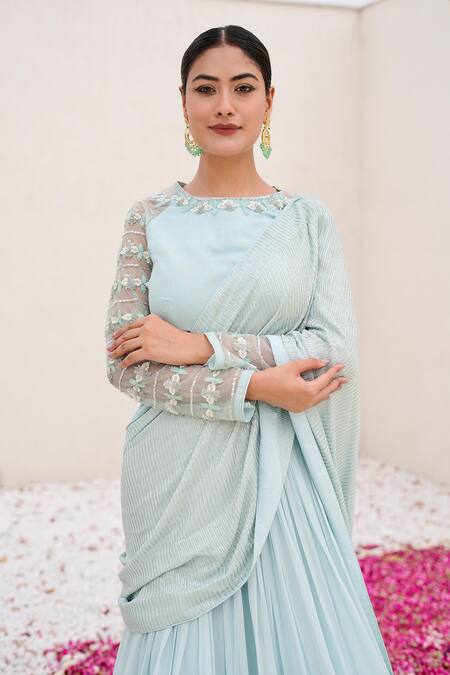 Buy_Nidhi Kejriwal_Sky Blue Organza, Georgette Sequins, Attached Draped Lehenga With Blouse _Online_at_Aza_Fashions