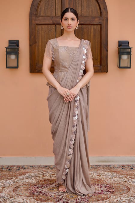 Nidhi Kejriwal Pink Georgette Stripe Embroidered Cutdana Pre-draped Saree With Peplum Blouse 