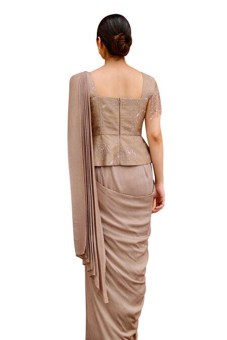 Shop Nidhi Kejriwal Pink Georgette Cut Work, Sequins Embroidered Pre-draped Saree With Peplum Blouse Shop_Nidhi Kejriwal_Pink Georgette Cut Work, Sequins Embroidered Pre-draped Saree With Peplum Blouse