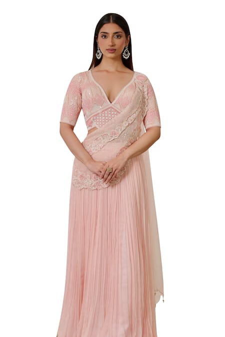 Nidhi Kejriwal Pink Crepe, Chiffon, Georgette Cut Hand Embroidered Pre-draped Saree With Blouse Online at Aza Fashions Nidhi Kejriwal_Pink Crepe, Chiffon, Georgette Cut Hand Embroidered Pre-draped Saree With Blouse _Online_at_Aza_Fashions