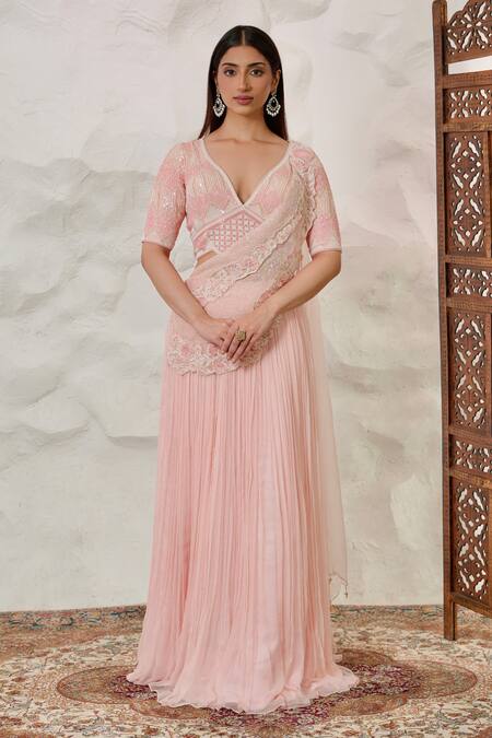 Buy Nidhi Kejriwal Pink Crepe, Chiffon, Georgette Cut Hand Embroidered Pre-draped Saree With Blouse Online at Aza Fashions Buy_Nidhi Kejriwal_Pink Crepe, Chiffon, Georgette Cut Hand Embroidered Pre-draped Saree With Blouse _Online_at_Aza_Fashions