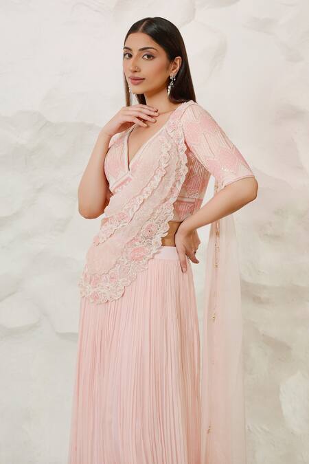 Shop Nidhi Kejriwal Pink Crepe, Chiffon, Georgette Cut Hand Embroidered Pre-draped Saree With Blouse Online at Aza Fashions Shop_Nidhi Kejriwal_Pink Crepe, Chiffon, Georgette Cut Hand Embroidered Pre-draped Saree With Blouse _Online_at_Aza_Fashions