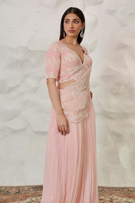 Nidhi Kejriwal Pink Crepe, Chiffon, Georgette Cut Hand Embroidered Pre-draped Saree With Blouse at Aza Fashions Nidhi Kejriwal_Pink Crepe, Chiffon, Georgette Cut Hand Embroidered Pre-draped Saree With Blouse _at_Aza_Fashions