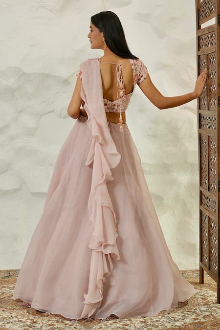 Shop Nidhi Kejriwal Pink Organza, Tissue, Crepe Embroidered Attached Draped Lehenga With Blouse at Aza Fashions Shop_Nidhi Kejriwal_Pink Organza, Tissue, Crepe Embroidered Attached Draped Lehenga With Blouse _at_Aza_Fashions