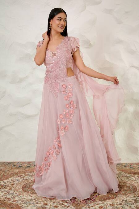 Shop Nidhi Kejriwal Pink Organza, Tissue, Crepe Embroidered Attached Draped Lehenga With Blouse Online at Aza Fashions Shop_Nidhi Kejriwal_Pink Organza, Tissue, Crepe Embroidered Attached Draped Lehenga With Blouse _Online_at_Aza_Fashions
