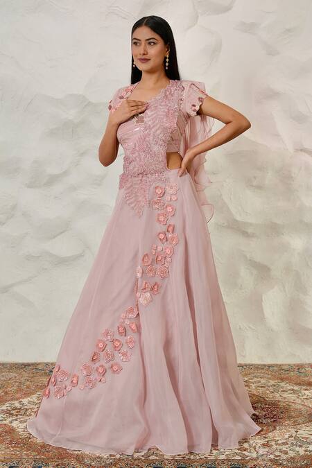 Buy Nidhi Kejriwal Pink Organza, Tissue, Crepe Embroidered Attached Draped Lehenga With Blouse Buy_Nidhi Kejriwal_Pink Organza, Tissue, Crepe Embroidered Attached Draped Lehenga With Blouse