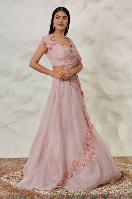 Shop Nidhi Kejriwal Pink Organza, Tissue, Crepe Embroidered Attached Draped Lehenga With Blouse Shop_Nidhi Kejriwal_Pink Organza, Tissue, Crepe Embroidered Attached Draped Lehenga With Blouse