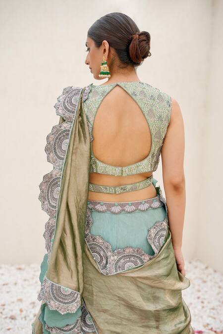 Nidhi Kejriwal Green Brocade Hand Embroidered Pearl Notched Lehenga Blouse Set  2