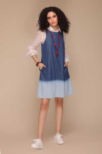 Payal Jain_Blue Denim Tie-dye Round Ombre Short Dress_Online_at_Aza_Fashions