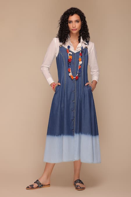 Payal Jain Blue Denim Embroidered V Neck Front Open Dress