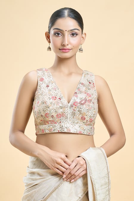 Samyukta Singhania_Cream Georgette Sequins, Embroidery Plunge Neck Floral Saree Blouse_Online_at_Aza_Fashions