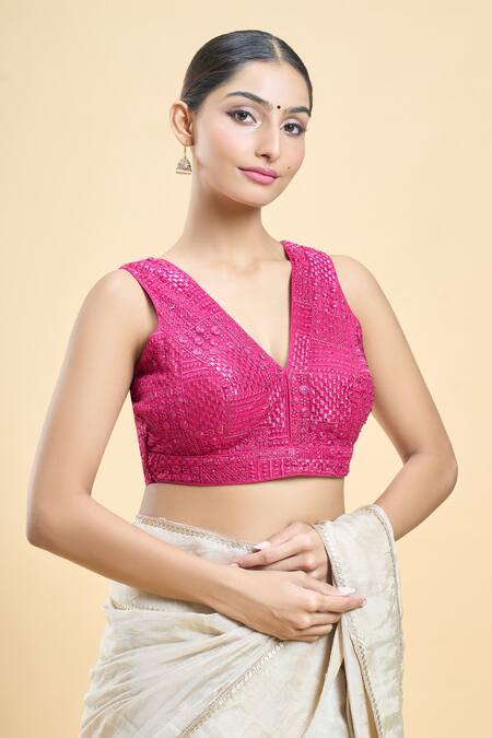 Buy_Samyukta Singhania_Pink Georgette Embroidery Plunge Neck Abstract Geometric Pattern Saree Blouse_Online_at_Aza_Fashions