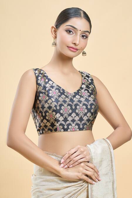 Buy_Samyukta Singhania_Black Brocade, Silk V-neck Banarasi Floral Pattern Woven Saree Blouse_Online_at_Aza_Fashions