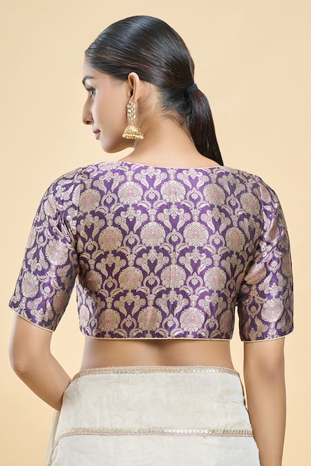 Shop Samyukta Singhania Purple Brocade, Silk Embroidery Asymmetric Floral Pattern Woven Saree Blouse at Aza Fashions Shop_Samyukta Singhania_Purple Brocade, Silk Embroidery Asymmetric Floral Pattern Woven Saree Blouse_at_Aza_Fashions
