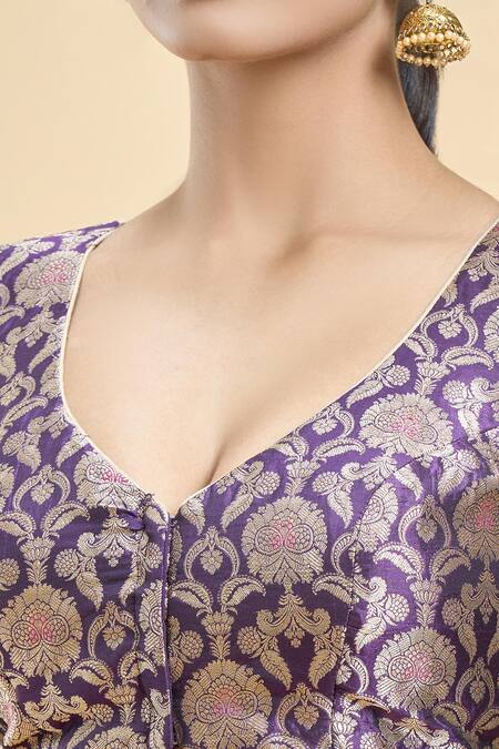 Samyukta Singhania Purple Brocade, Silk Embroidery Asymmetric Floral Pattern Woven Saree Blouse at Aza Fashions Samyukta Singhania_Purple Brocade, Silk Embroidery Asymmetric Floral Pattern Woven Saree Blouse_at_Aza_Fashions