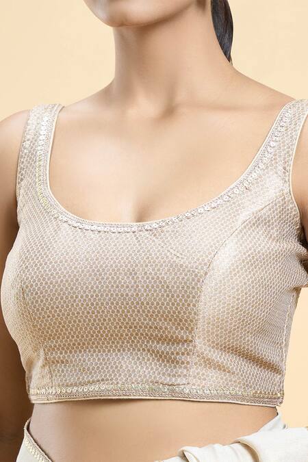 Shop Naintara Bajaj Gold Zari Scoop Neck Woven Saree Blouse Online at Aza Fashions Shop_Naintara Bajaj_Gold Zari Scoop Neck Woven Saree Blouse_Online_at_Aza_Fashions