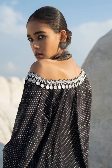 Seeaash_Black American Crepe Printed Polka Dot Safar Cowl Kurta With Pant_Online_at_Aza_Fashions