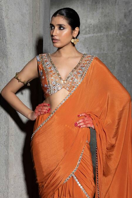 Seeaash Orange Chanderi Embroidered Mirror Plunge-v Amara Pleated Pre-draped Saree Set