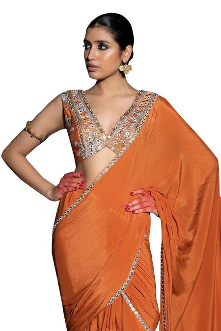 Seeaash_Orange Chanderi Embroidered Mirror Plunge-v Amara Pleated Pre-draped Saree Set_Online_at_Aza_Fashions