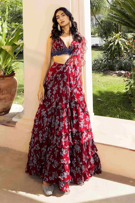 Seeaash Red Chiffon Printed Crystal Work Asmira Floral Draped Pre-lehenga Saree Set 