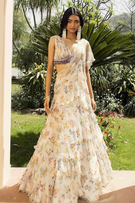 Seeaash Ivory Chiffon Printed Crystal Work Asmira Tiered Pre-draped Lehenga Saree Set 