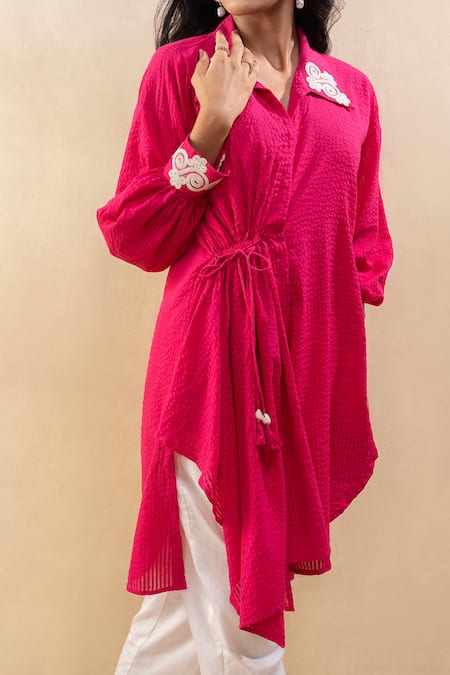 Seeaash_Pink Cotton Satin Striped Collar Neck Seersucker Dori Work Shirt With Pant_Online_at_Aza_Fashions