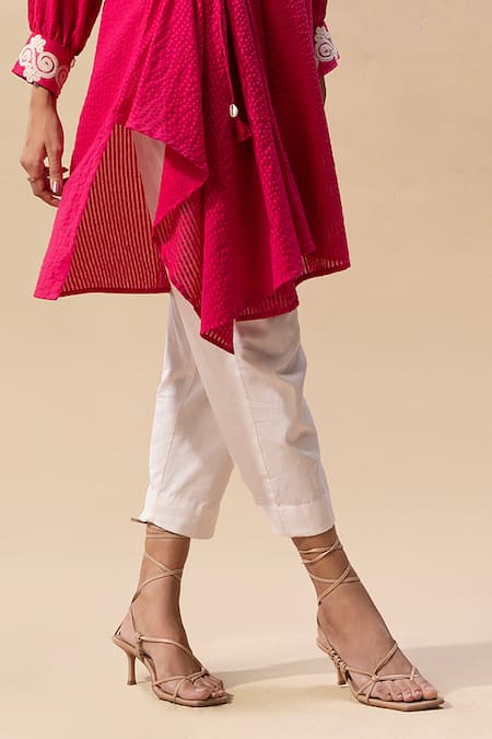 Buy_Seeaash_Pink Cotton Satin Striped Collar Neck Seersucker Dori Work Shirt With Pant_Online_at_Aza_Fashions