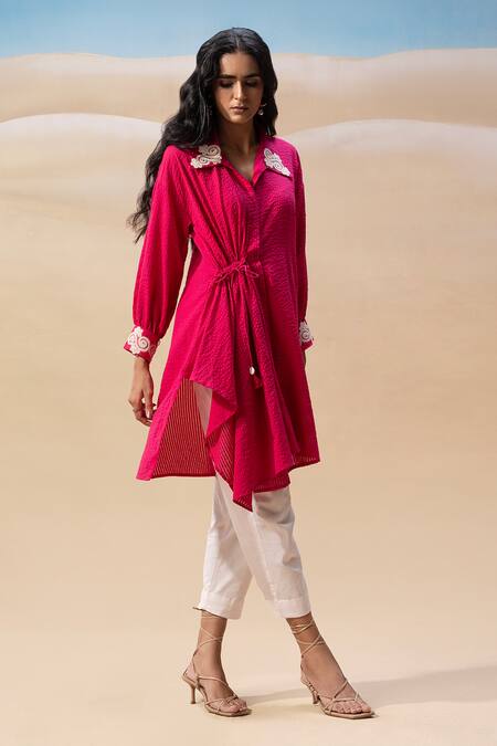 Shop_Seeaash_Pink Cotton Satin Striped Collar Neck Seersucker Dori Work Shirt With Pant_Online_at_Aza_Fashions