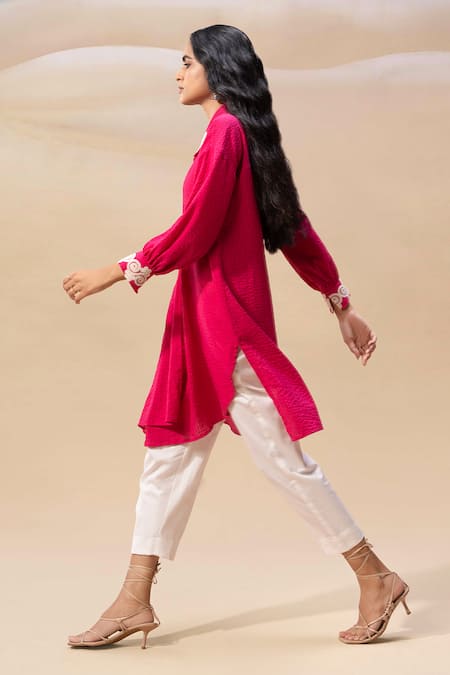 Seeaash_Pink Cotton Satin Striped Collar Neck Seersucker Dori Work Shirt With Pant_at_Aza_Fashions