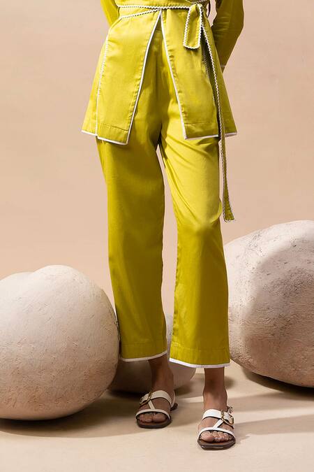 Buy_Seeaash_Green Cotton Satin Embellished Lace Lapel Zig Zag Wave Wrap Blazer With Pant_Online_at_Aza_Fashions