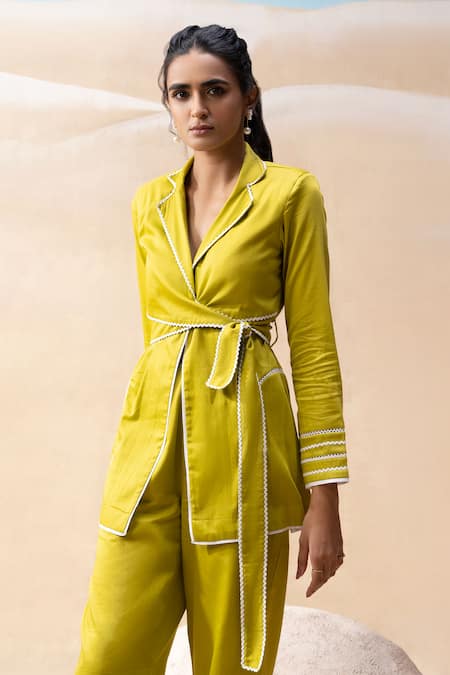 Seeaash_Green Cotton Satin Embellished Lace Lapel Zig Zag Wave Wrap Blazer With Pant_at_Aza_Fashions