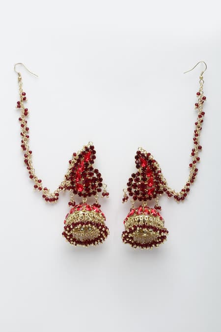 Shop_Bijoux By Priya Chandna_Red Crystals Ambi Jhumka Earrings _at_Aza_Fashions