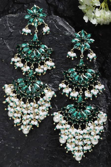 Shop_Bijoux By Priya Chandna_Green Crystals, Pearls Noor Bloom Danglers _at_Aza_Fashions