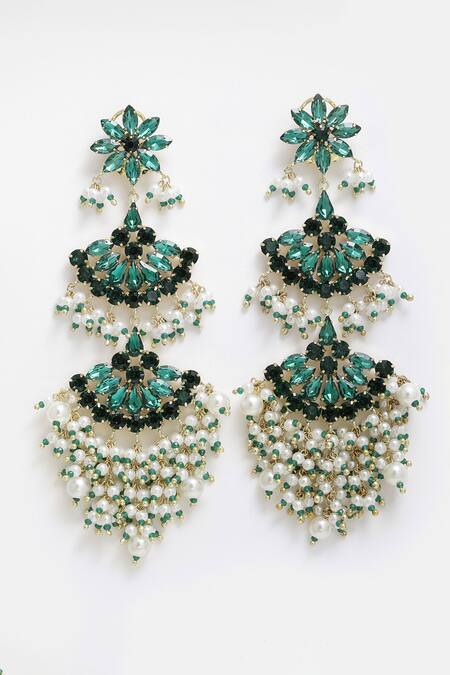 Bijoux By Priya Chandna_Green Crystals, Pearls Noor Bloom Danglers _Online_at_Aza_Fashions