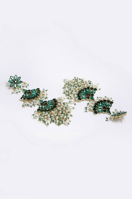 Buy_Bijoux By Priya Chandna_Green Crystals, Pearls Noor Bloom Danglers _Online_at_Aza_Fashions
