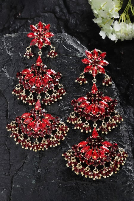Shop_Bijoux By Priya Chandna_Red Crystals, Pearls Noor Blossom Danglers _at_Aza_Fashions