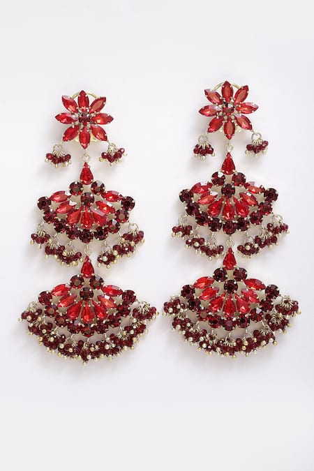 Bijoux By Priya Chandna_Red Crystals, Pearls Noor Blossom Danglers _Online_at_Aza_Fashions