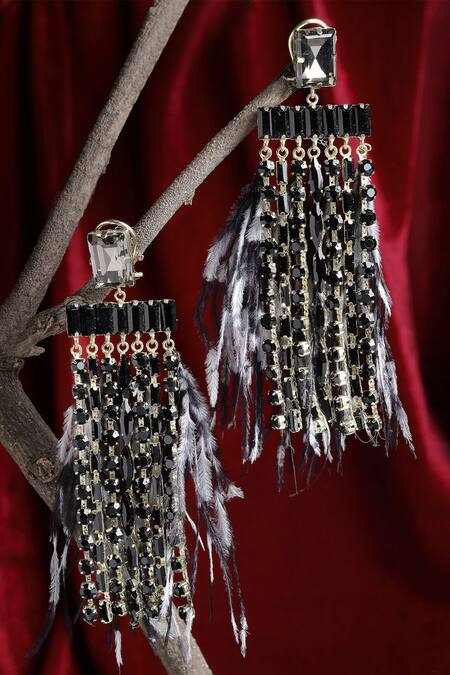Shop Bijoux By Priya Chandna Black Crystals, Feathers Boho Dangler Earrings at Aza Fashions Shop_Bijoux By Priya Chandna_Black Crystals, Feathers Boho Dangler Earrings _at_Aza_Fashions