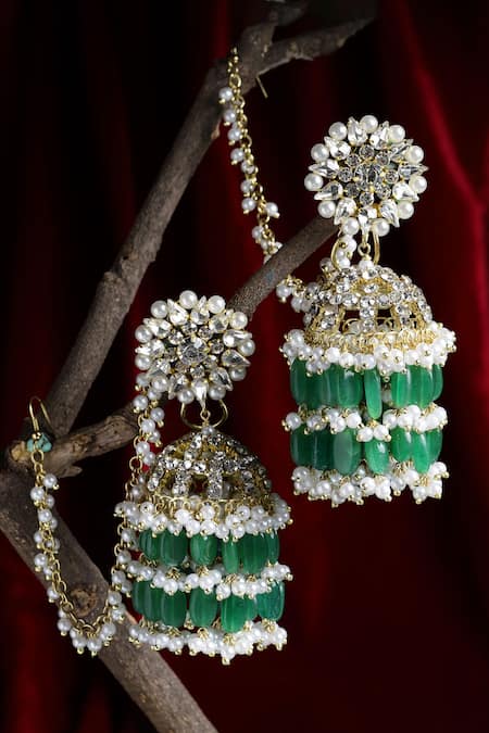 Shop Bijoux By Priya Chandna Green Floret Bloom Chandelier Jhumkas at Aza Fashions Shop_Bijoux By Priya Chandna_Green Floret Bloom Chandelier Jhumkas _at_Aza_Fashions